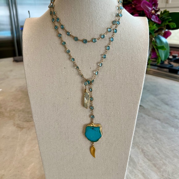 One of a kind Turquoise, Baroque Pearl & Aquamarine Lariat Necklace - Picture 6 of 9